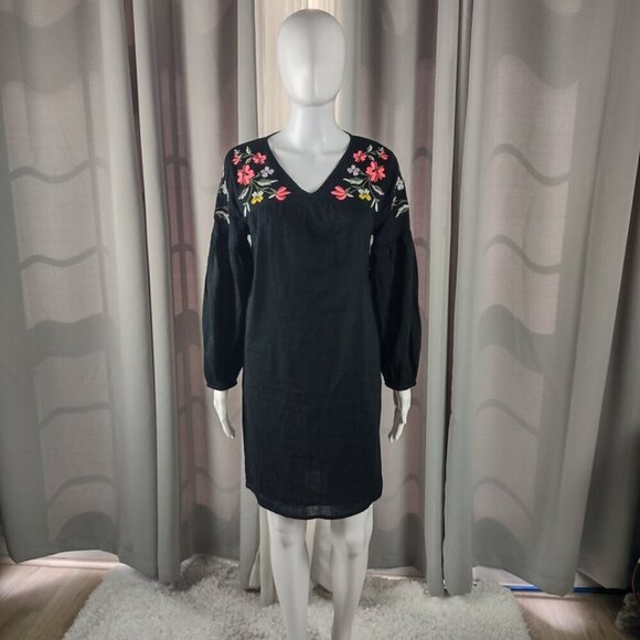 Old Navy Cotton Blend Tunic Dress Black Embroidered V-Neck Lined Size Medium - Picture 2 of 13
